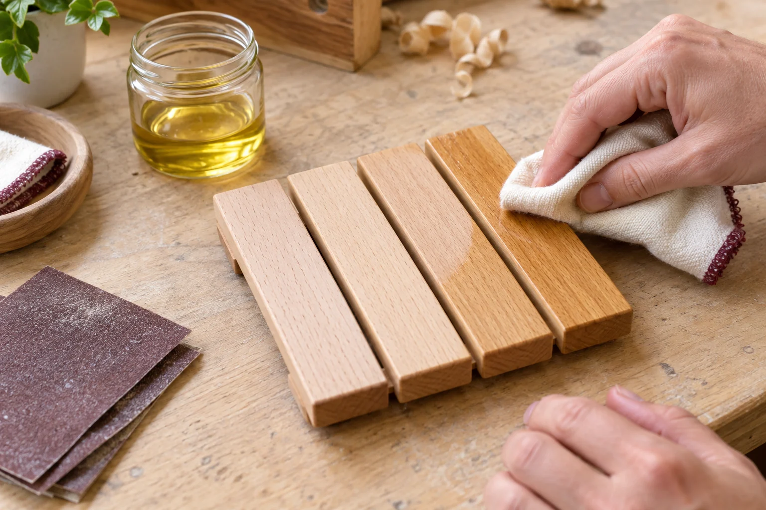 Hartwachsöl wird mit einem Tuch dünn auf die Holzleisten aufgetragen